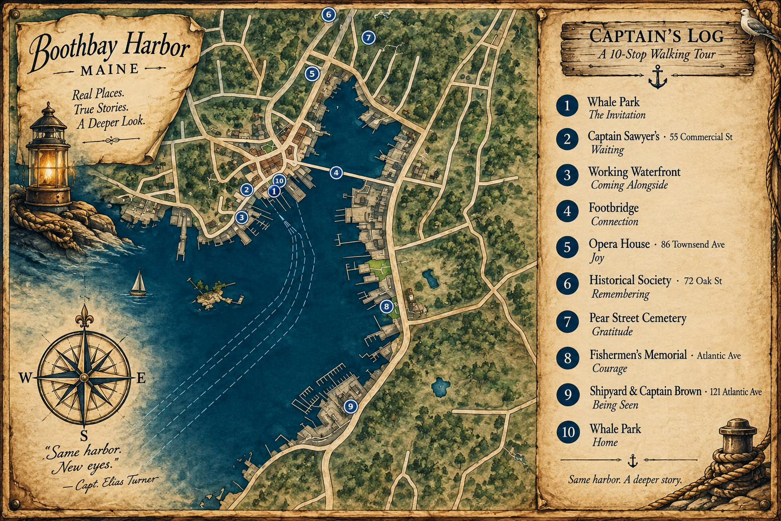 Boothbay Harbor walking tour map with numbered stops